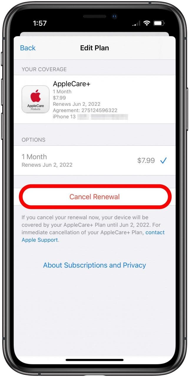 Écran AppleCare+ Modifier le plan avec Annuler le renouvellement marqué.