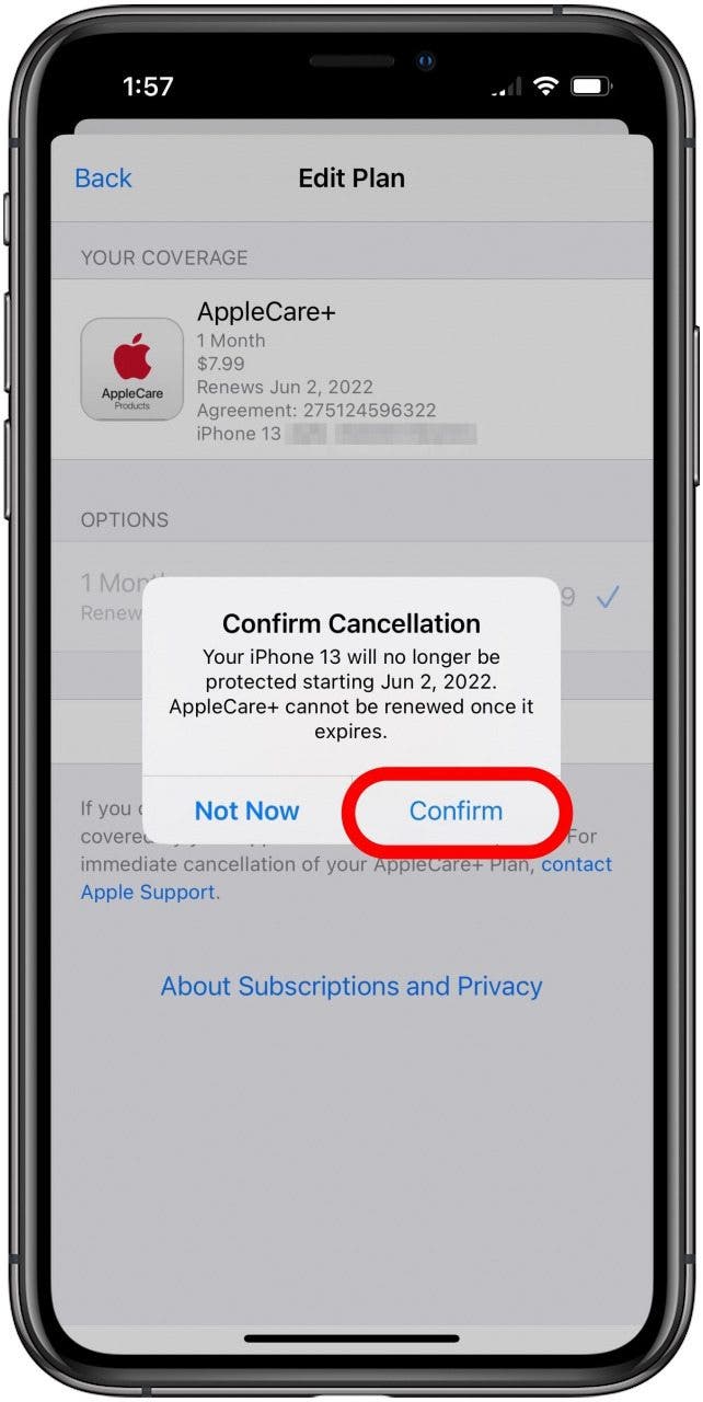 AppleCare+ Confirmer le message d'annulation avec Confirmer marqué.