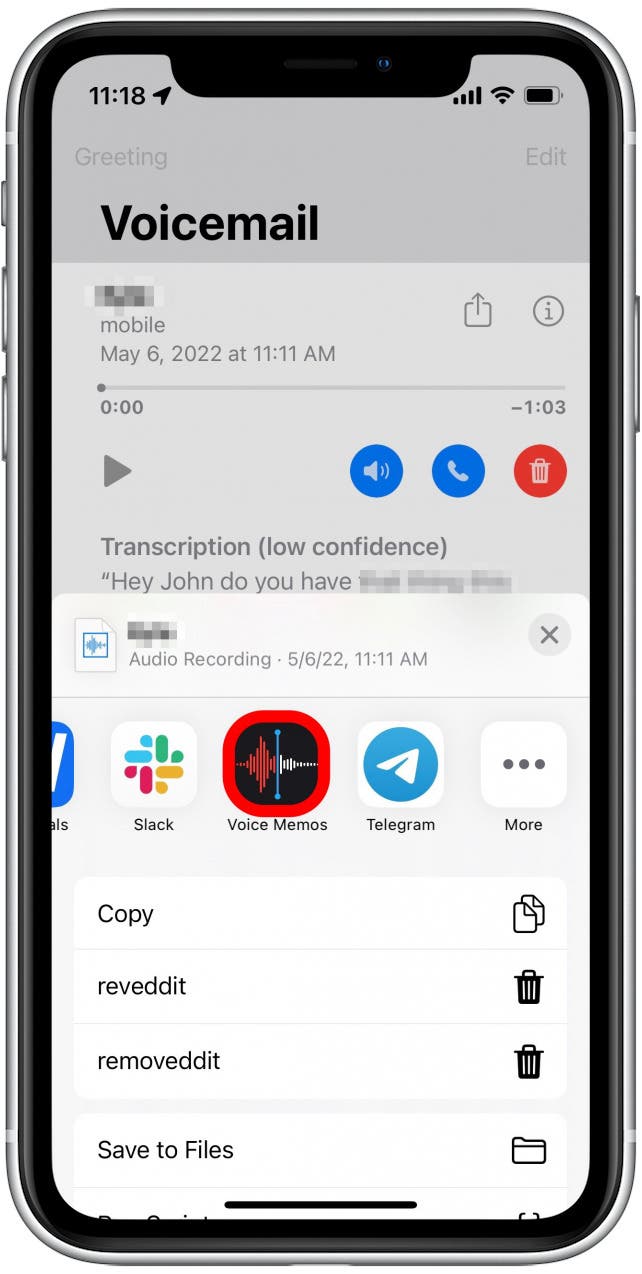 Dans la feuille de partage, appuyez sur l'application Mémos vocaux.