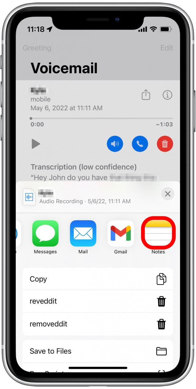 Dans la feuille de partage, appuyez sur l'application Notes.