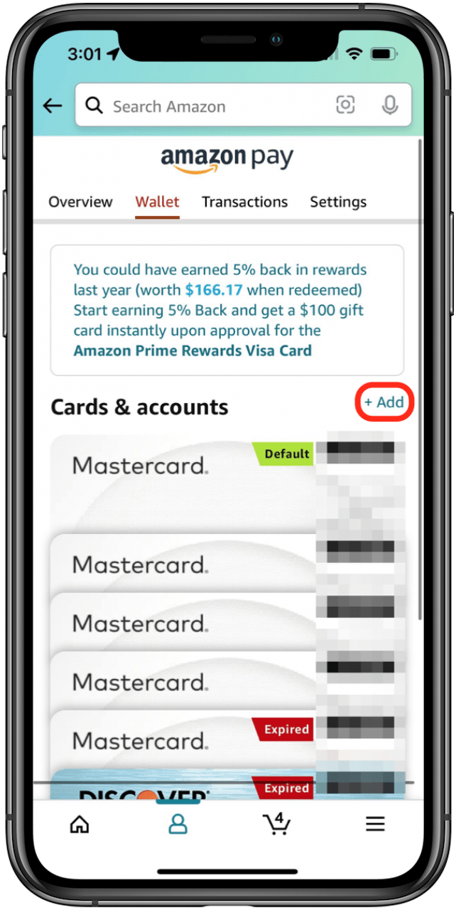 appuyez sur le signe plus pour ajouter une carte au compte amazon