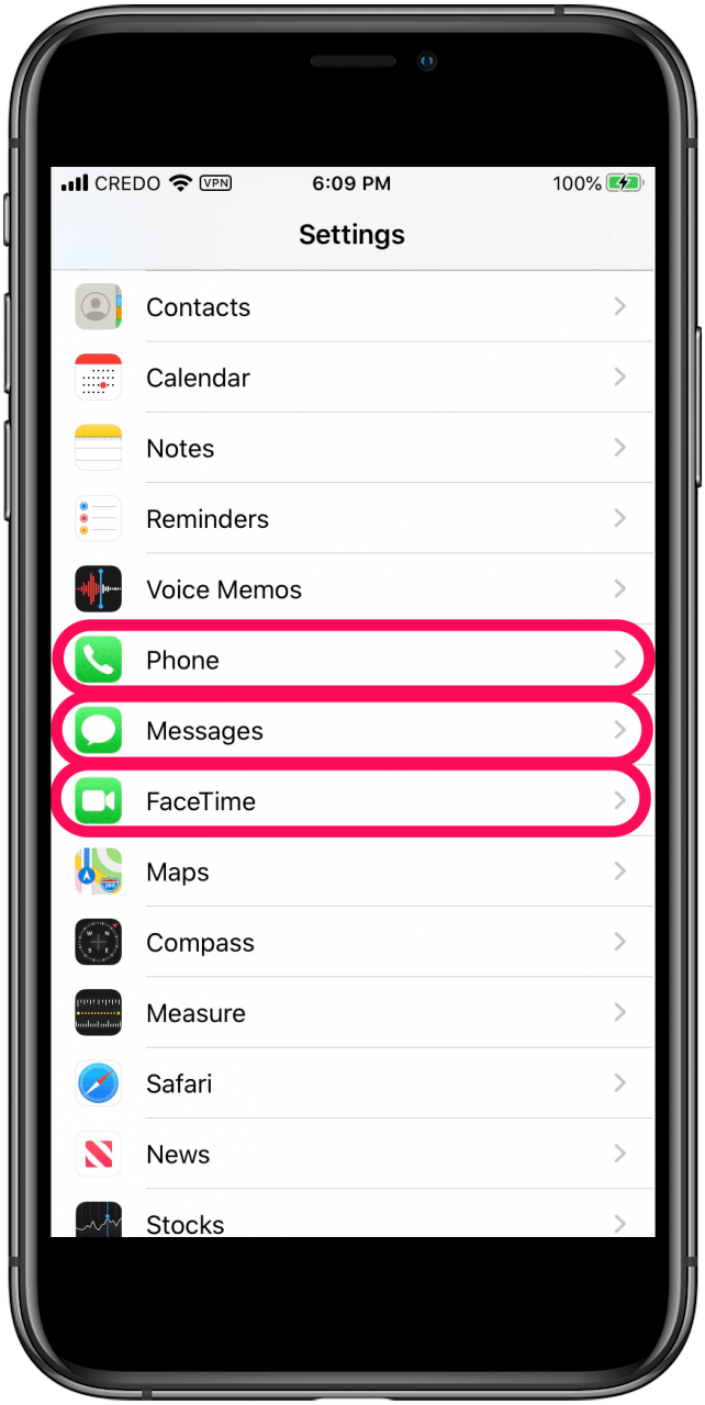 téléphone, messages, paramètres facetime