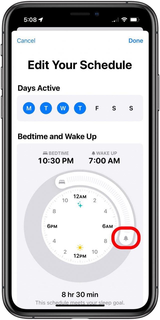 touchez et maintenez l'icône de cloche pour changer le temps de sommeil