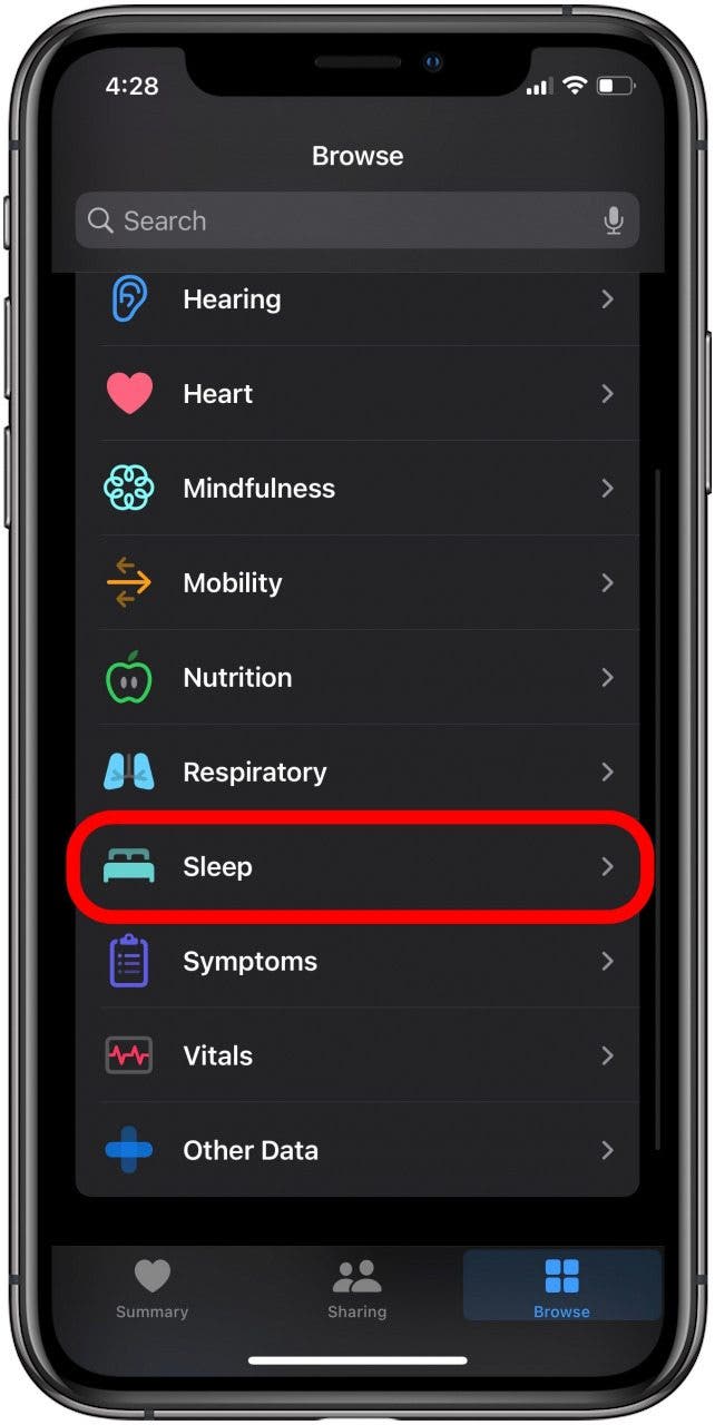 paramètres de veille de l'iphone dans l'application de santé