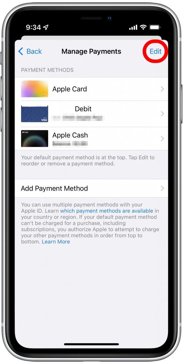 Appuyez sur Modifier si vous voulez simplement changer la carte qui est le mode de paiement principal.