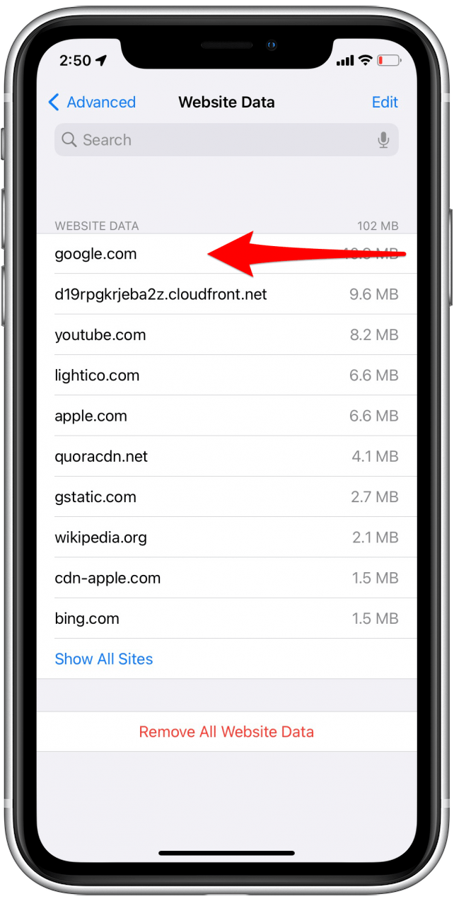 Balayez pour effacer les données du site Web