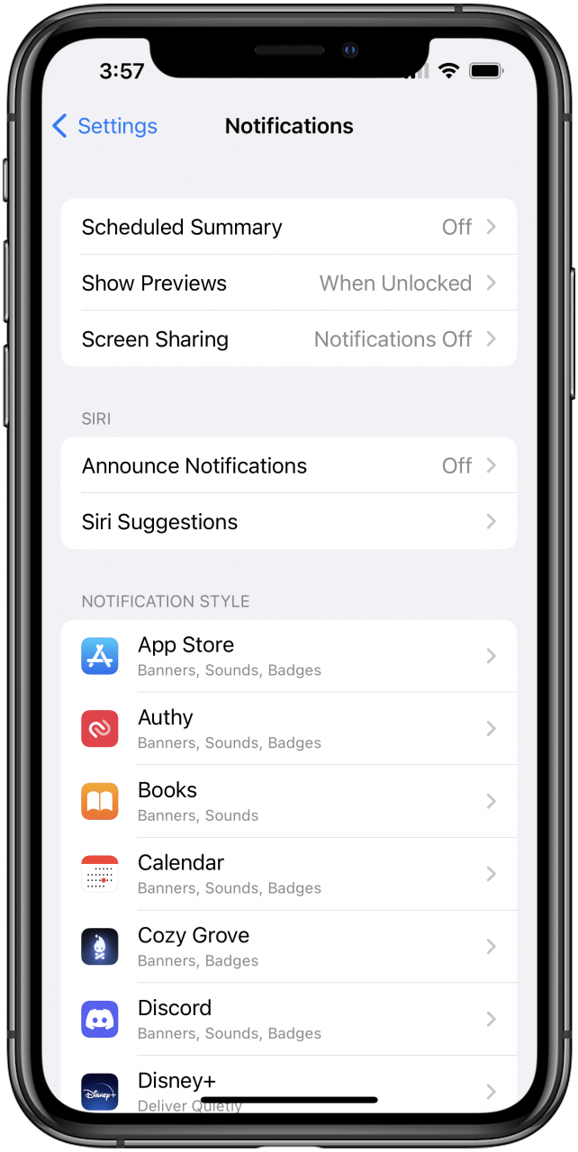 Écran des paramètres de notification.