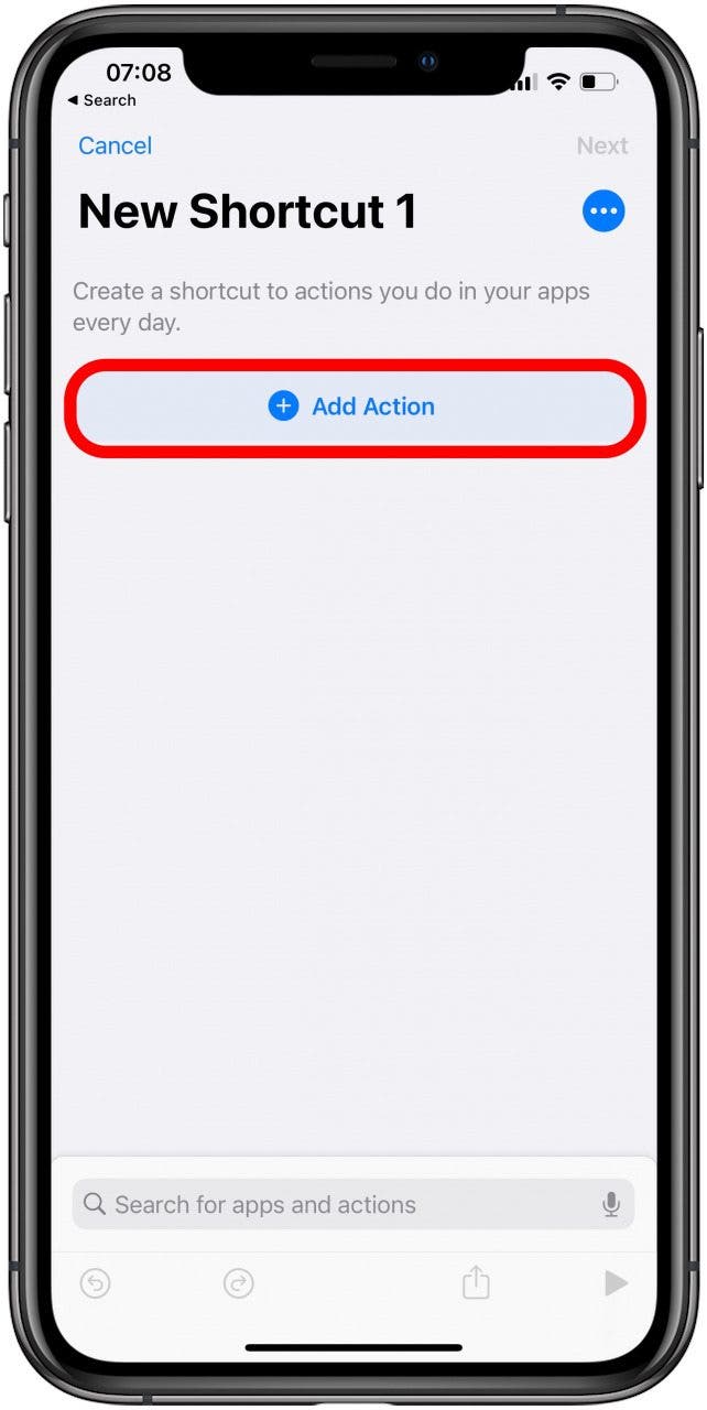 Appuyez sur Ajouter une action dans l'application Raccourcis