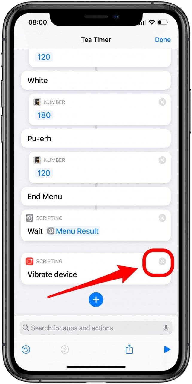 Appuyez sur le x pour supprimer l'action des raccourcis