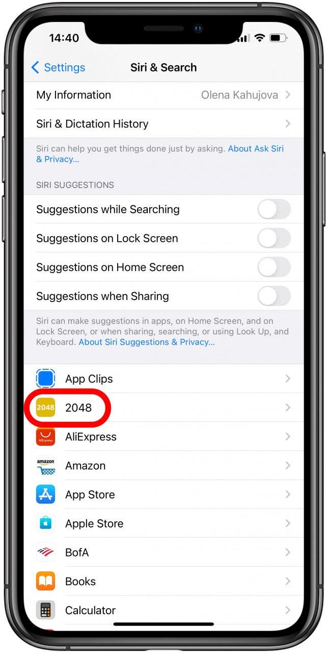 Paramètres de suggestion de Siri et de recherche sur iPhone