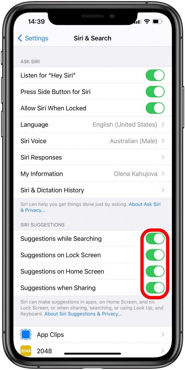 Basculement des suggestions de Siri et de recherche