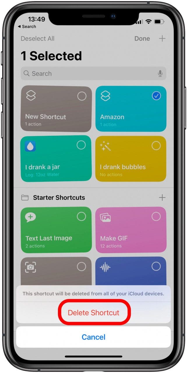 Supprimer un raccourci dans l'application Mes raccourcis