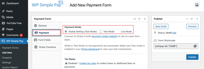 Définissez le mode de paiement sur Live ou Testing Définissez le mode de paiement sur Live ou Testing