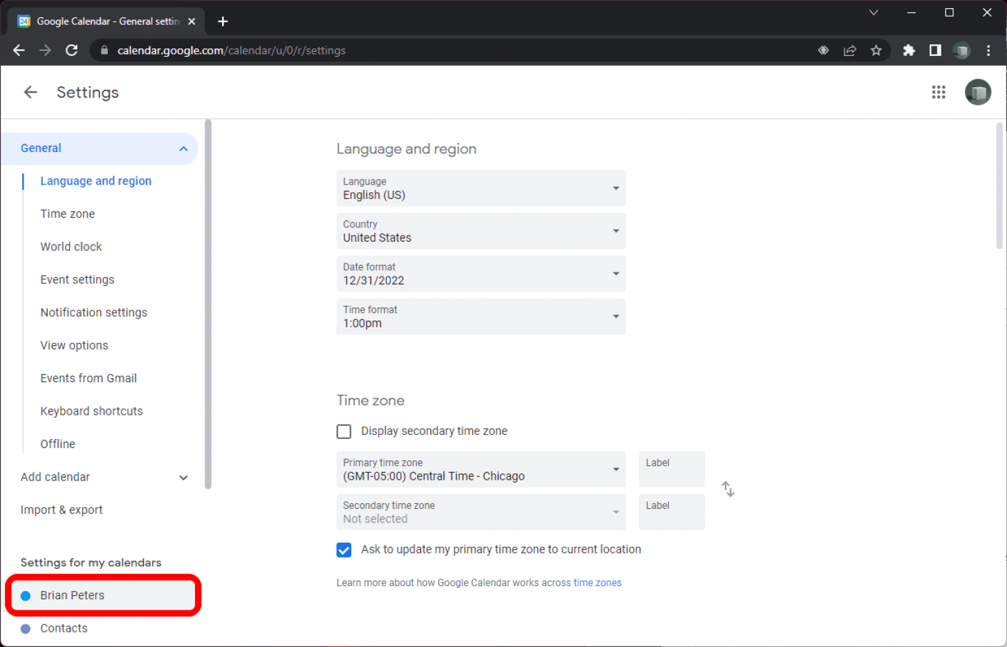 Google Calendar dans Chrome sur l'écran Paramètres avec un calendrier spécifique marqué dans la barre latérale.