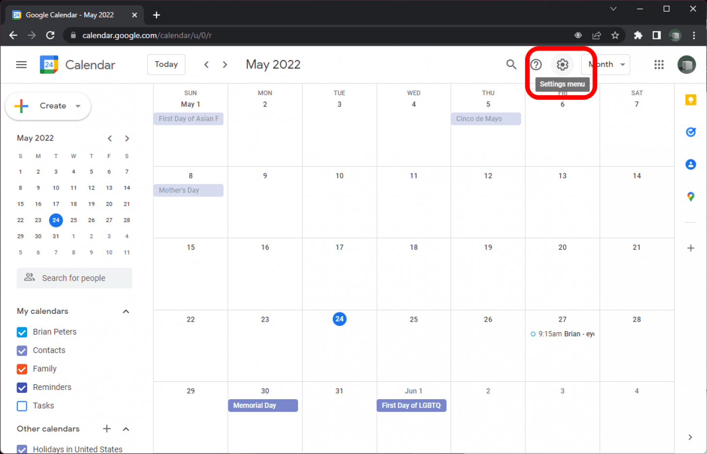 Google Agenda dans Chrome avec l'icône d'engrenage des paramètres marquée.