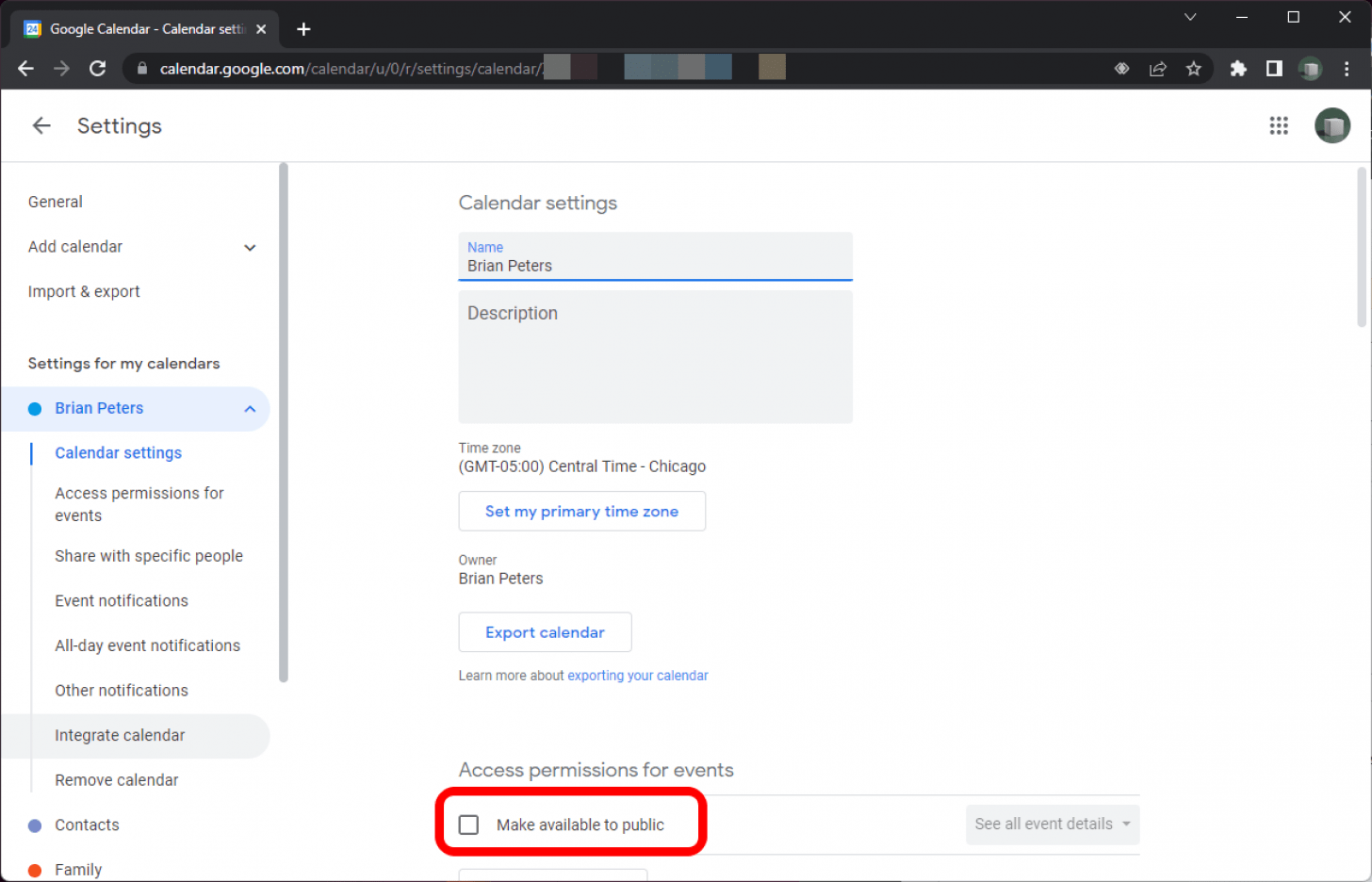 Google Calendar dans Chrome sur l'écran Paramètres pour un calendrier spécifique avec le