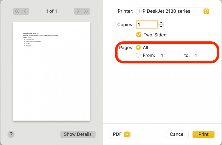 Si vous souhaitez n'imprimer que certaines pages, entrez les pages de début et de fin de la section que vous souhaitez imprimer ; sinon, vous pouvez sélectionner Tout pour imprimer tout le document.