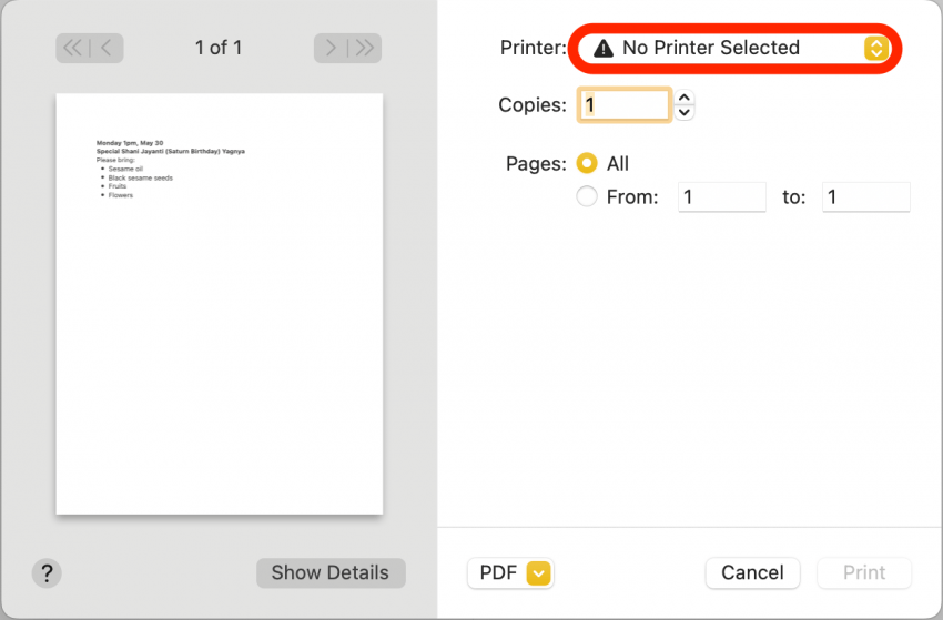 Sélectionnez la note à imprimer