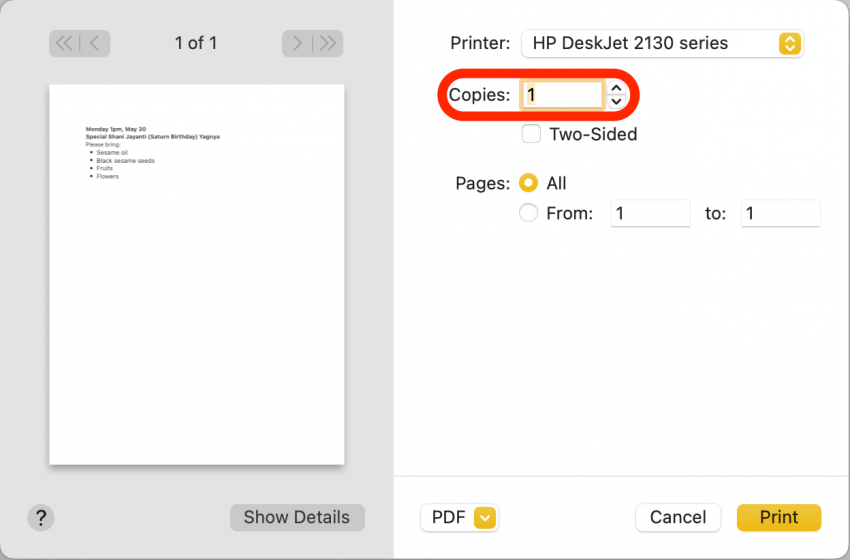 Sélectionnez le nombre de copies que vous souhaitez imprimer.