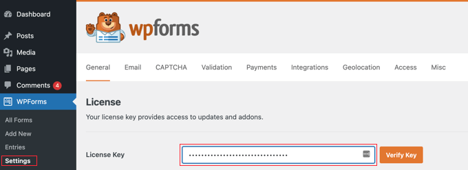 Visitez la page WPForms »Paramètres pour saisir votre clé de licence Visitez la page WPForms »Paramètres pour saisir votre clé de licence