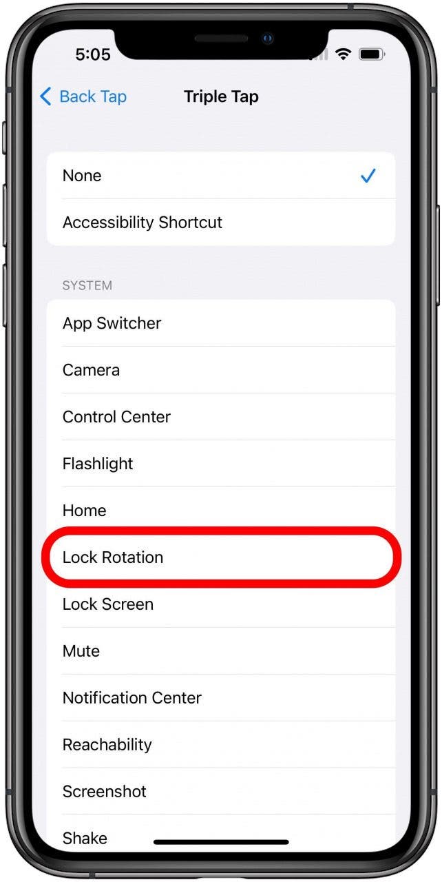 Retour Appuyez sur les options pour l'écran Triple Tap avec l'option Verrouiller la rotation marquée.