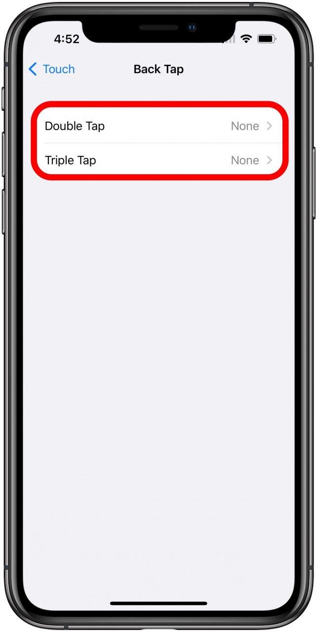 Écran des paramètres Back Tap avec les options Double et Triple Tap cochées ensemble.