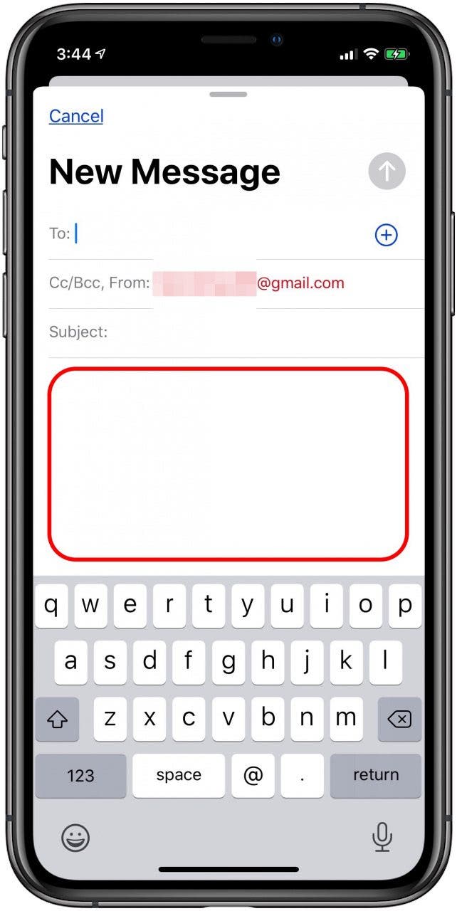 appuyez sur le champ de texte dans votre e-mail sur iphone