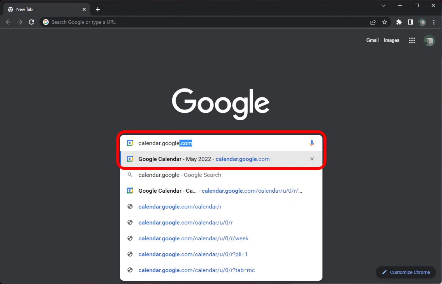 Chrome avec l'adresse de Google Agenda dans la barre d'adresse marquée.