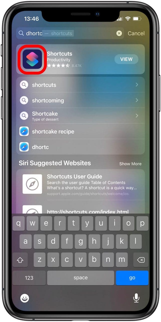 Rechercher l'application Mes raccourcis