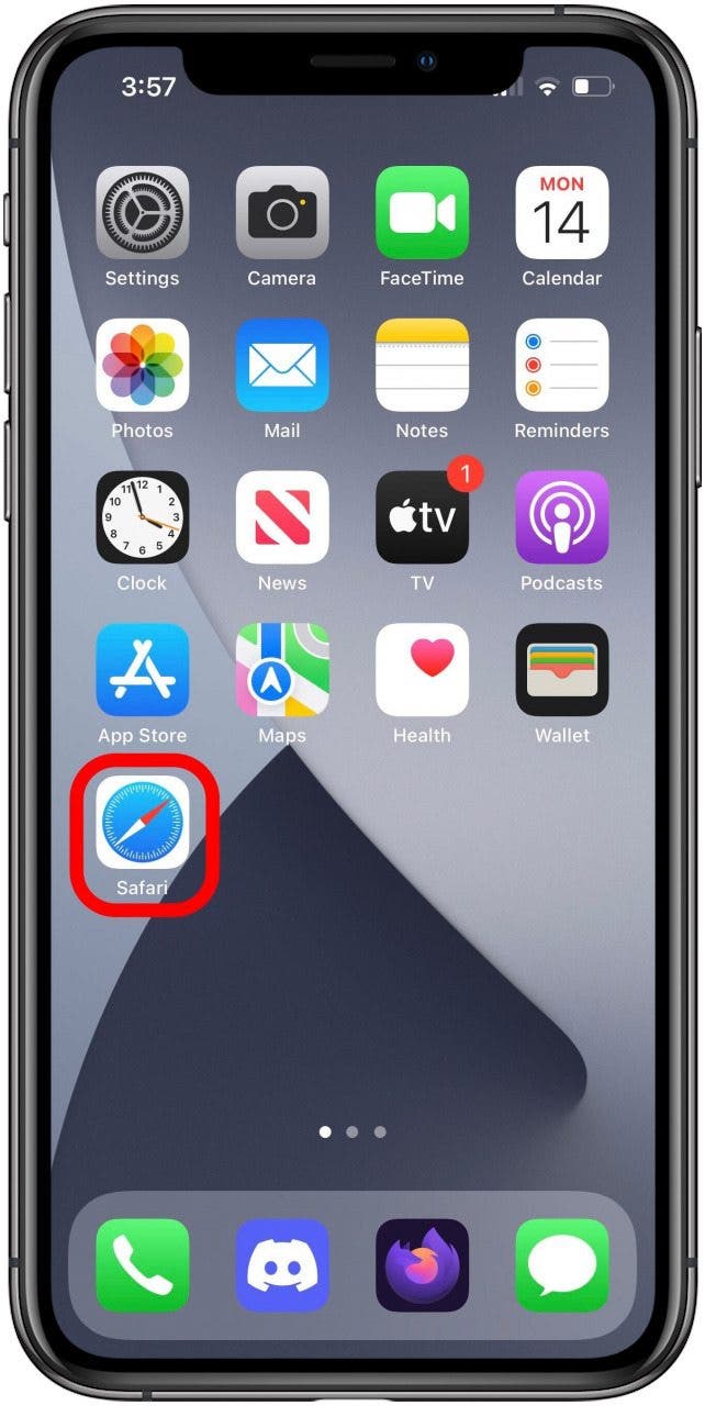 Écran d'accueil avec l'application Safari marquée.