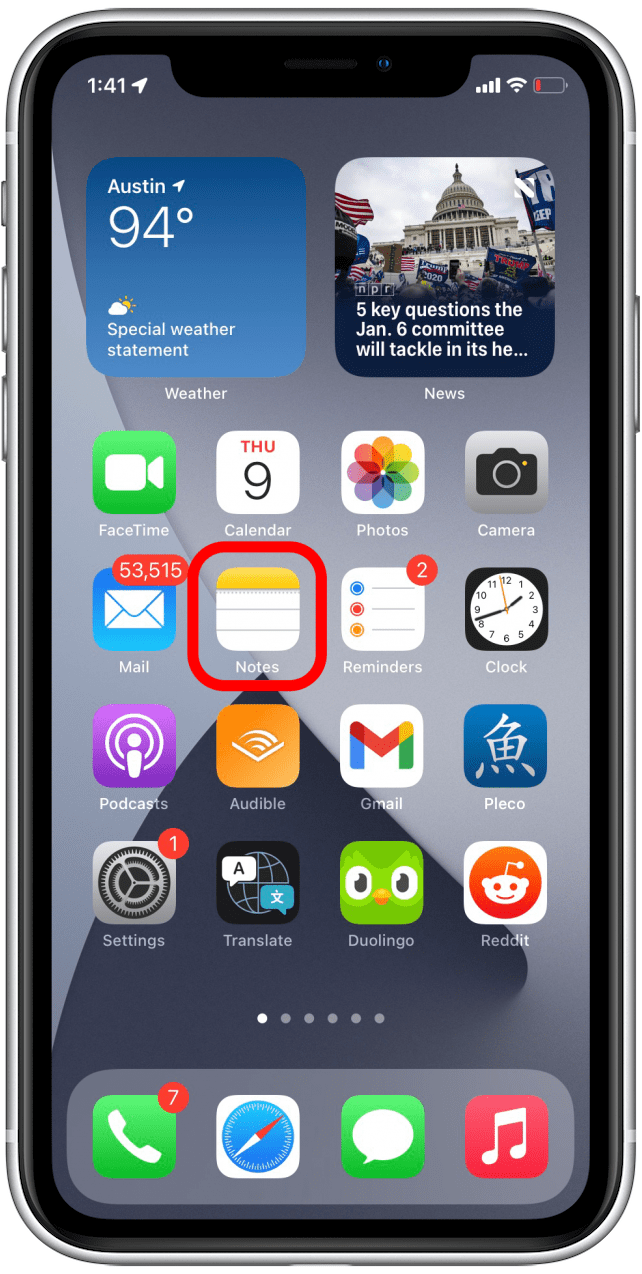 Ouvrir l'application Notes