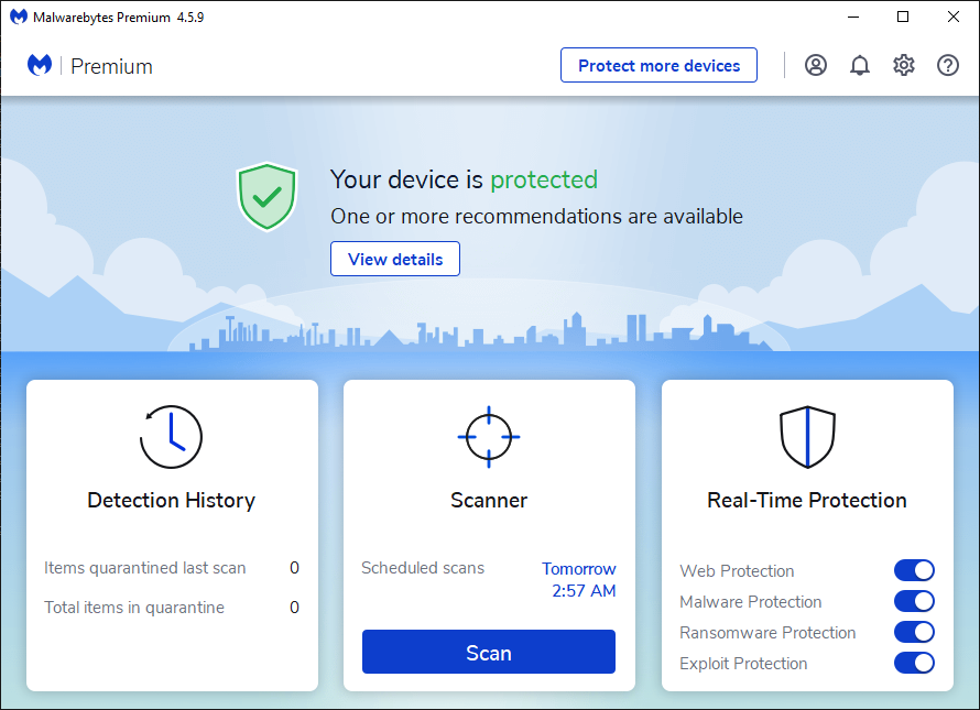 Interface principale de Malwarebytes Premium