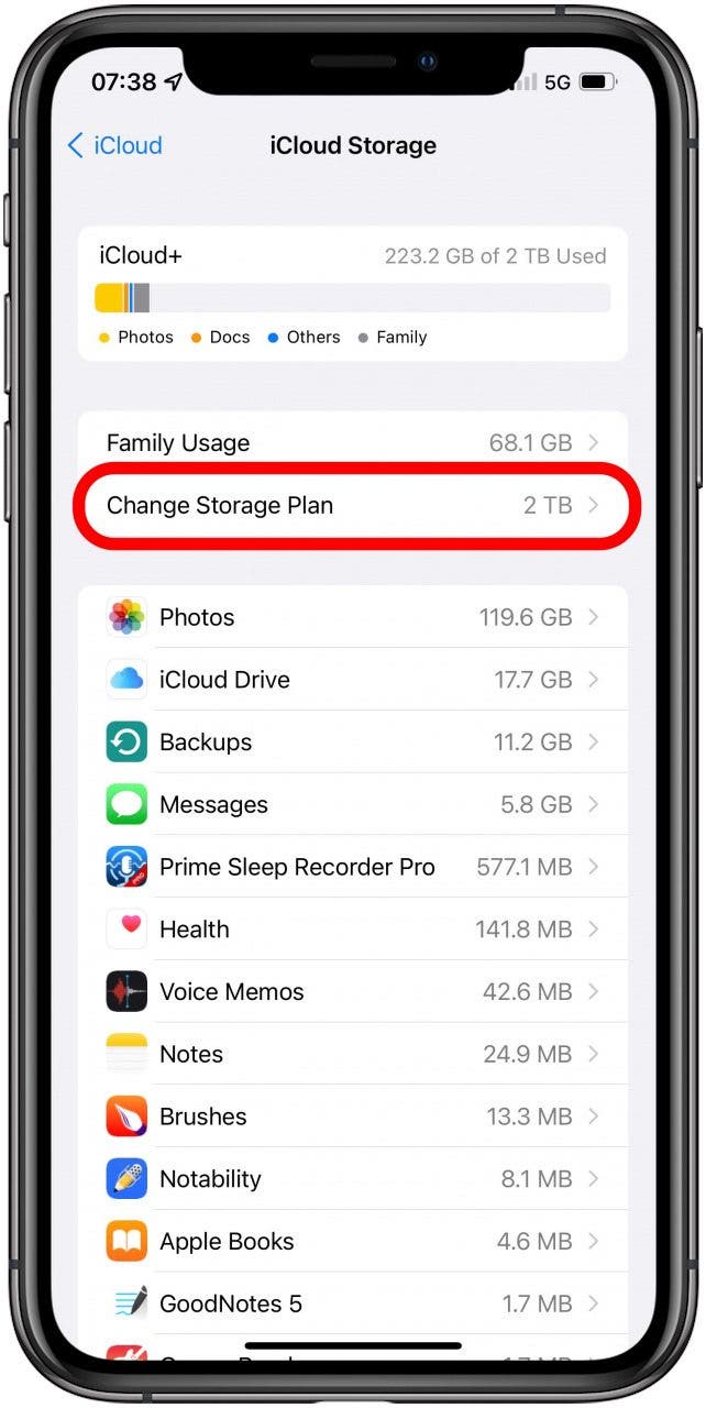 Appuyez sur Modifier le forfait de stockage.
