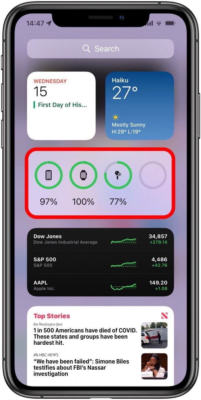 Vous pouvez avoir automatiquement le Widget Battries quelque part sur votre écran Today View - comment vérifier la batterie de mes airpods