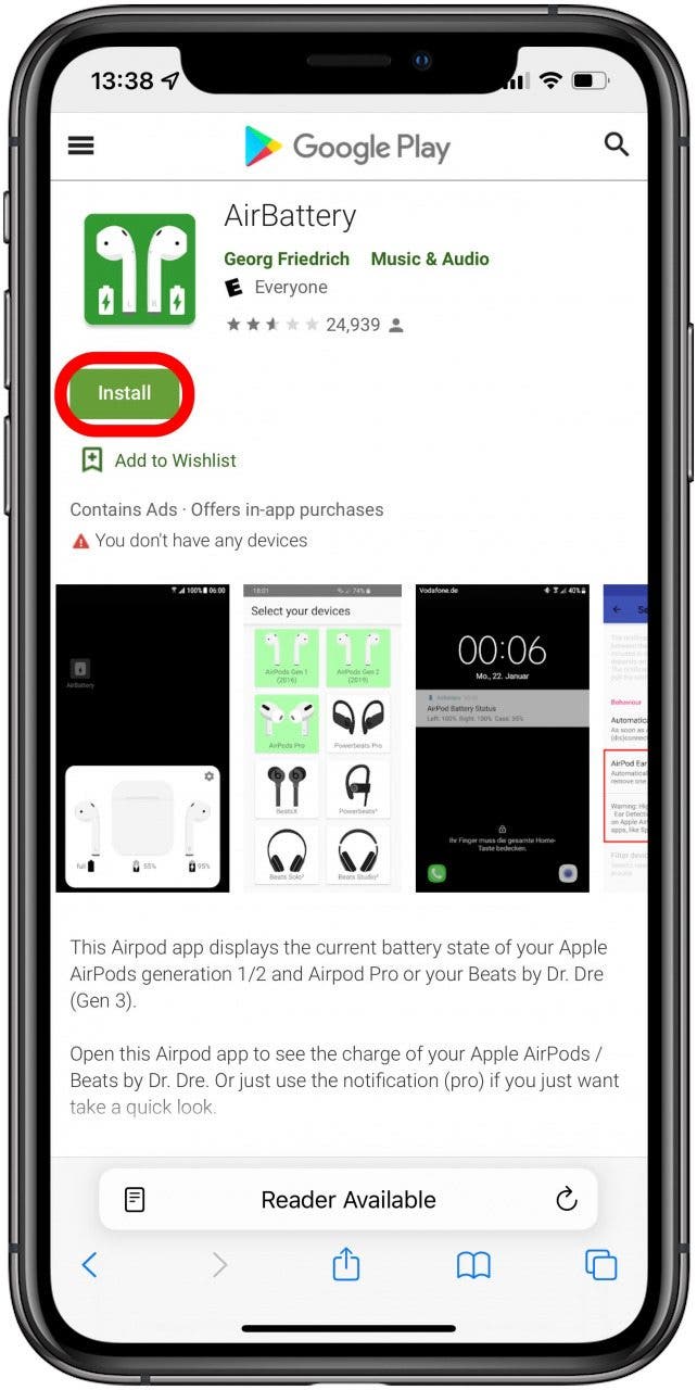 comment vérifier la batterie des airpods pour Android