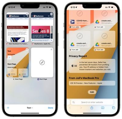page de démarrage du groupe d'onglets ios 16