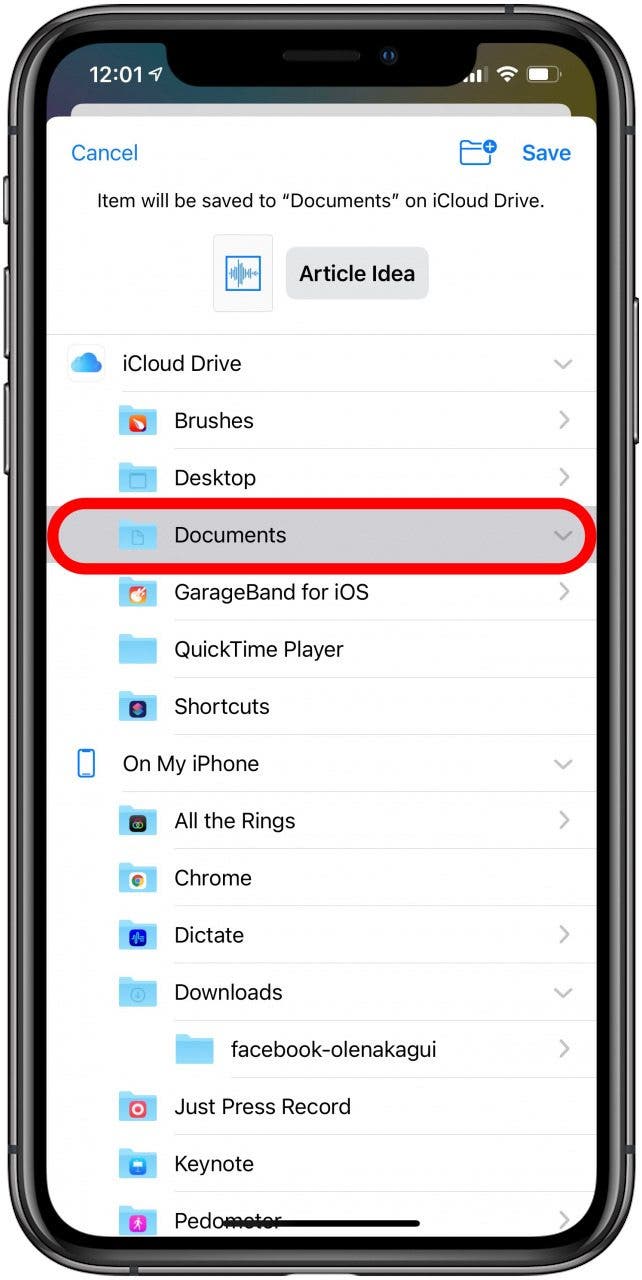 Appuyez sur Documents. Vous pouvez également sélectionner un dossier différent ou en créer un nouveau exclusivement pour les mémos vocaux.