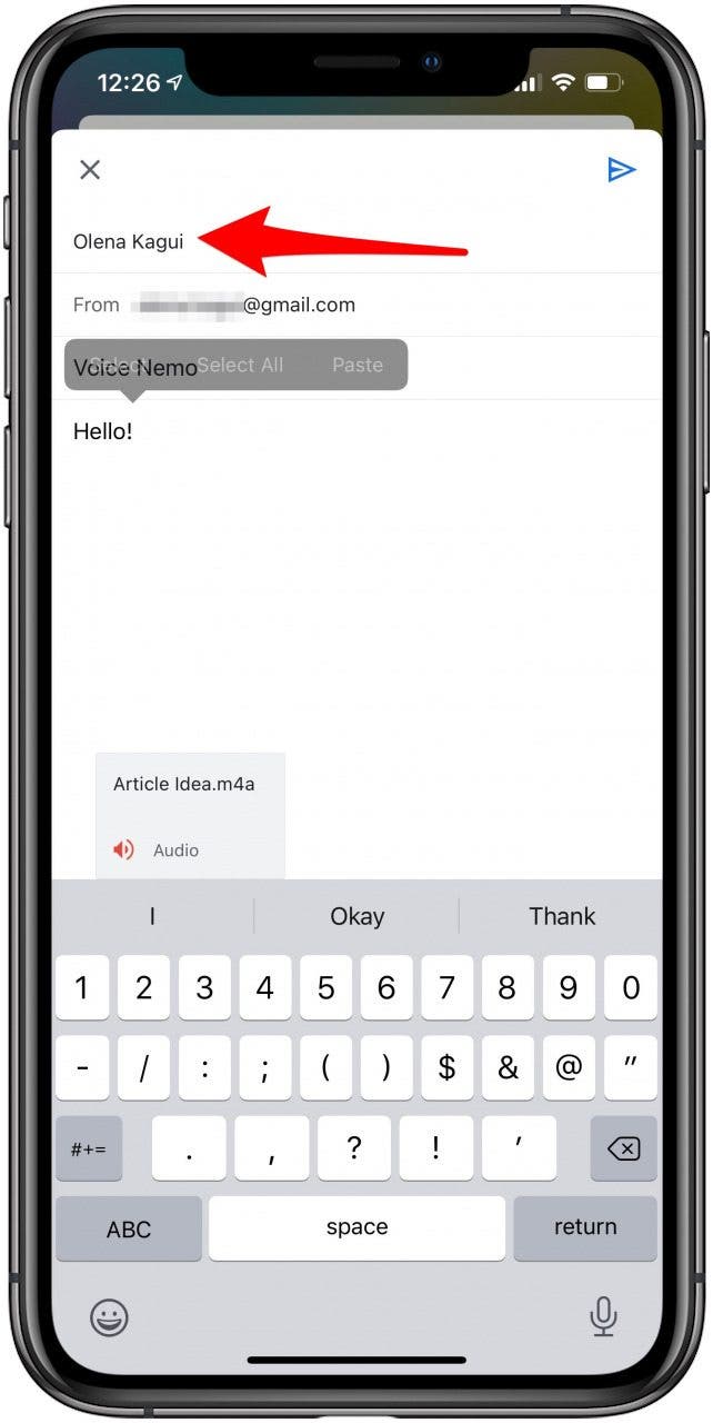 Saisissez une adresse e-mail à laquelle vous souhaitez envoyer le mémo vocal.