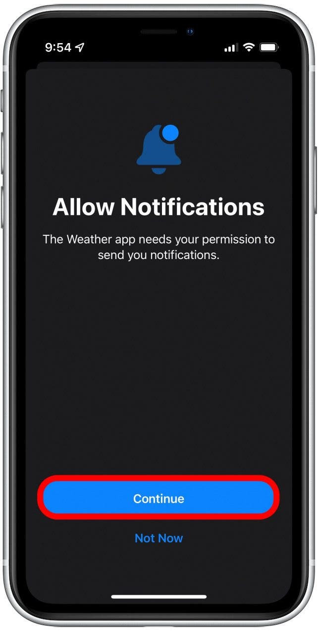 De retour dans l'application météo, appuyez sur Continuer pour autoriser les notifications.
