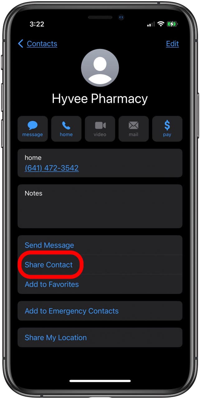 appuyez sur partager le contact pour synchroniser le contact de l'iphone au mac