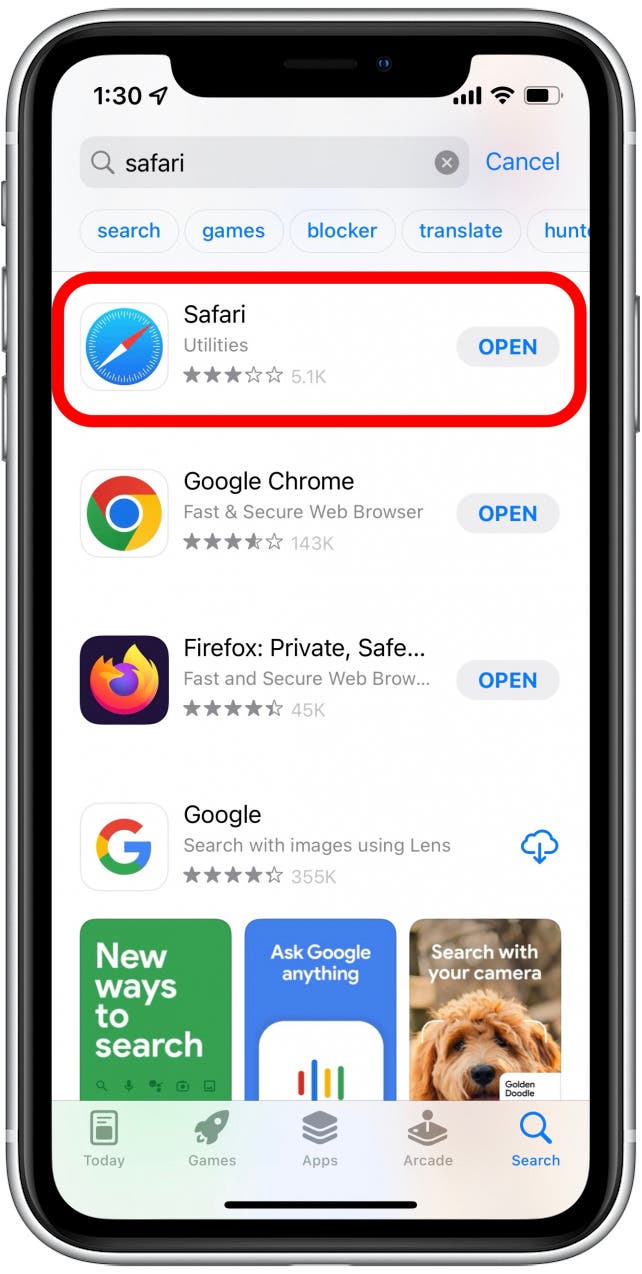 Appuyez sur l'application Safari.