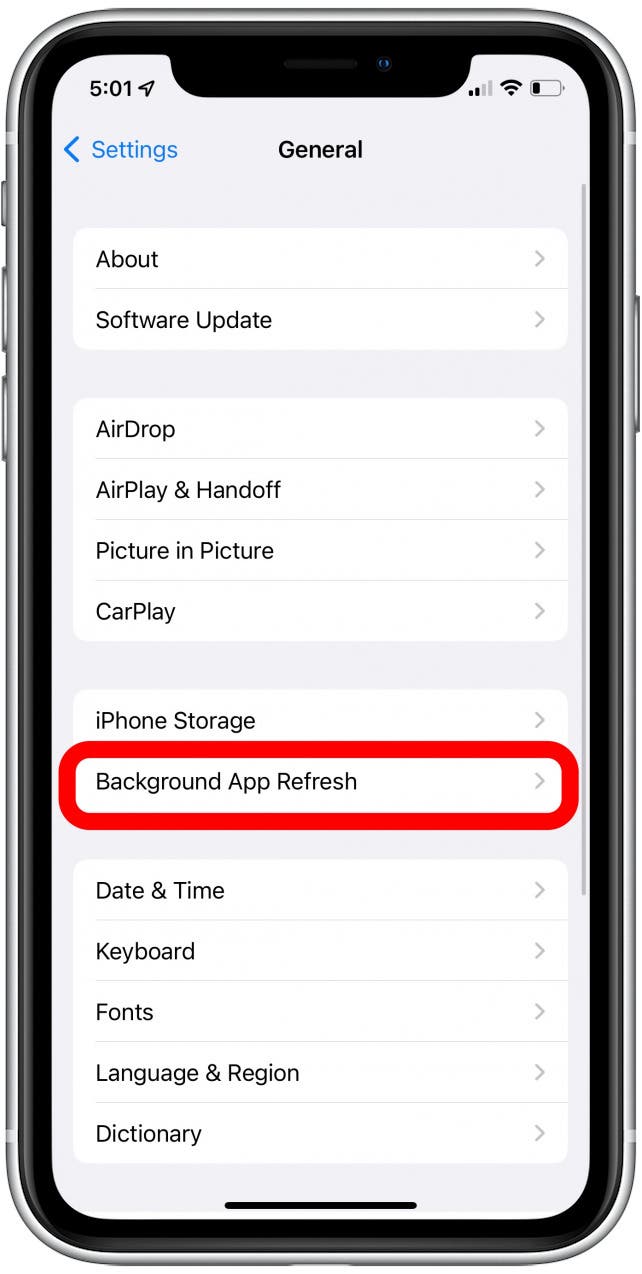 Appuyez sur Actualiser l'application en arrière-plan