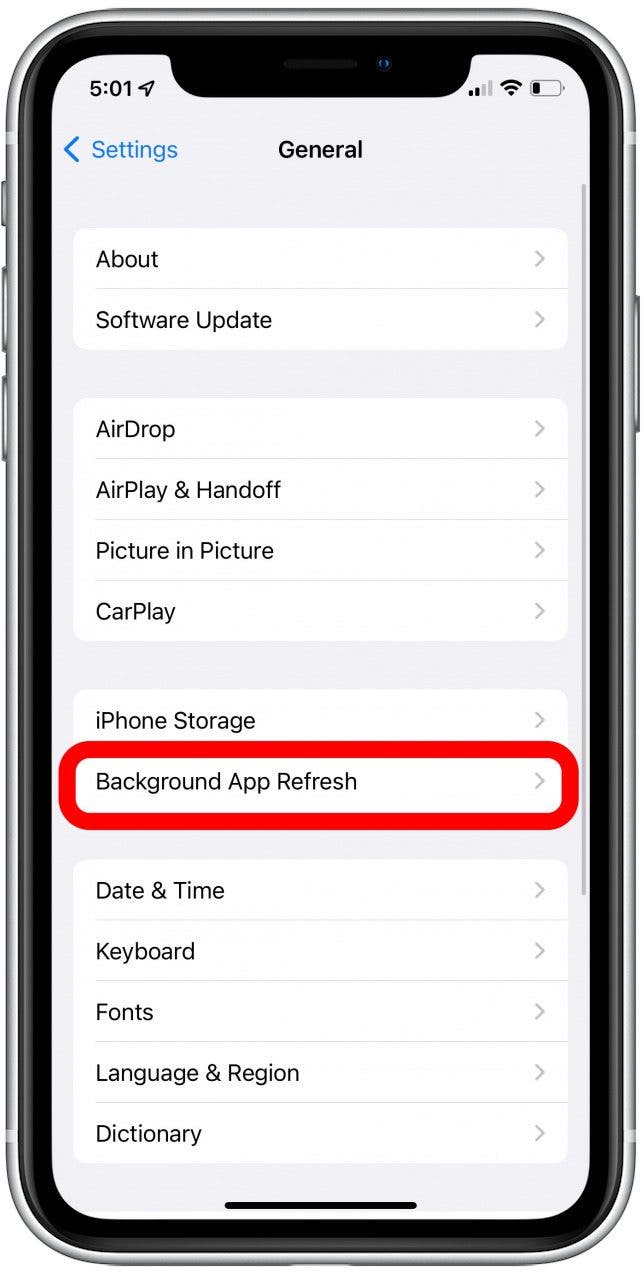 Appuyez sur Actualiser l'application en arrière-plan.