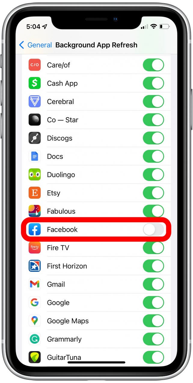 Faites défiler et désactivez l'application de votre choix. Il deviendra gris lorsqu'il sera désactivé.