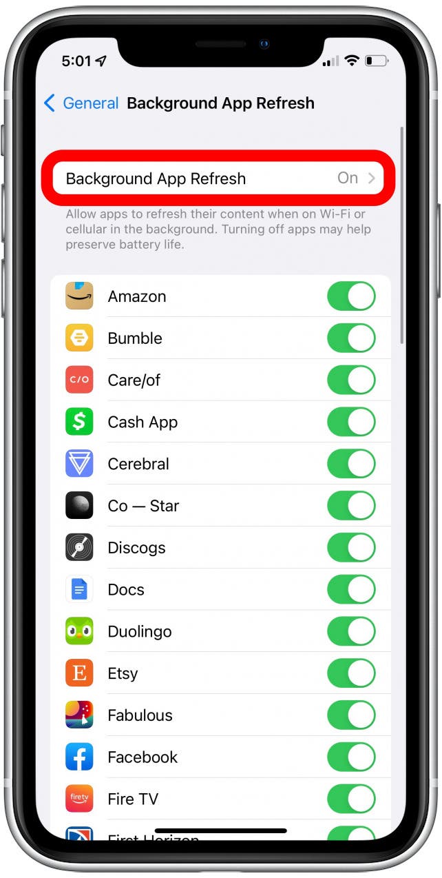 Appuyez à nouveau sur Actualiser l'application en arrière-plan.
