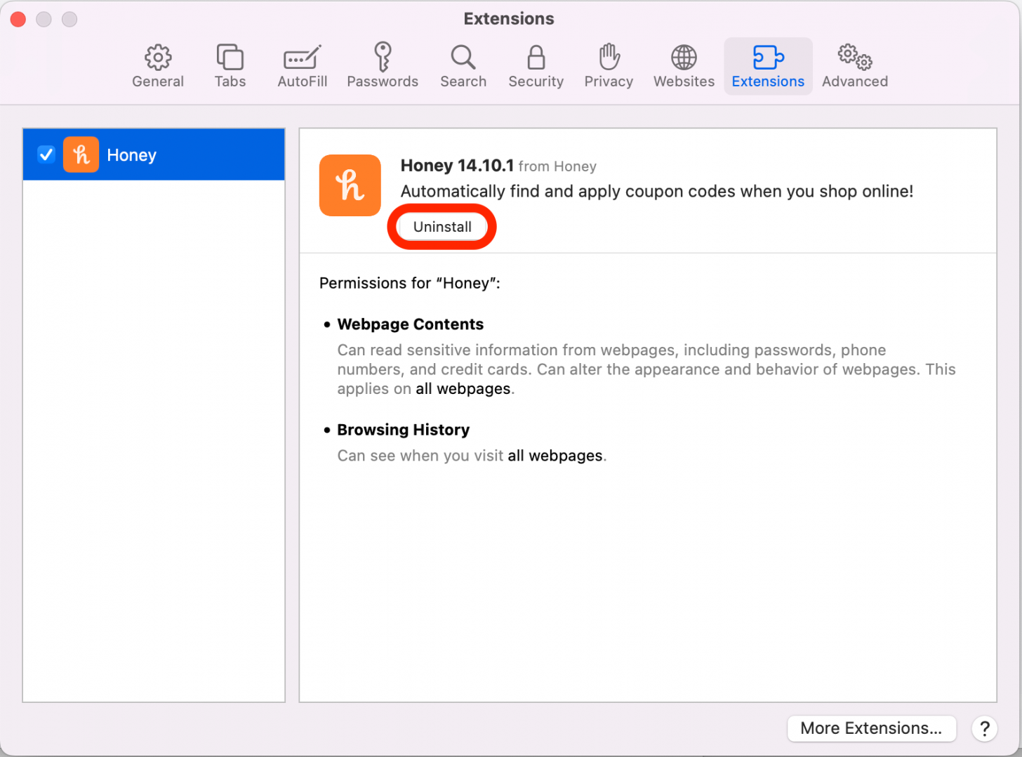 Si vous ne souhaitez plus jamais utiliser une extension, cliquez sur Désinstaller pour la supprimer complètement de Safari.
