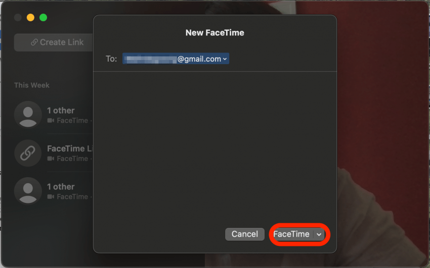 Entrez un nom de contact, un e-mail ou un numéro et cliquez sur FaceTime.