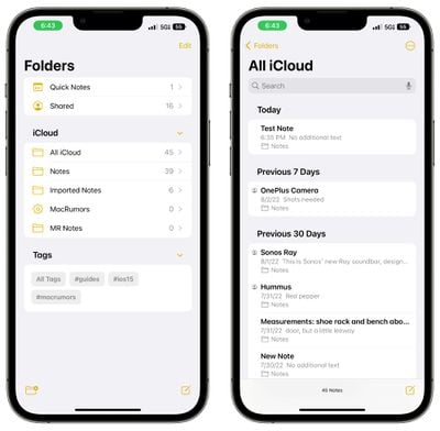 notes ios 16 date organisation