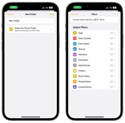 notes options de dossier intelligent ios 16