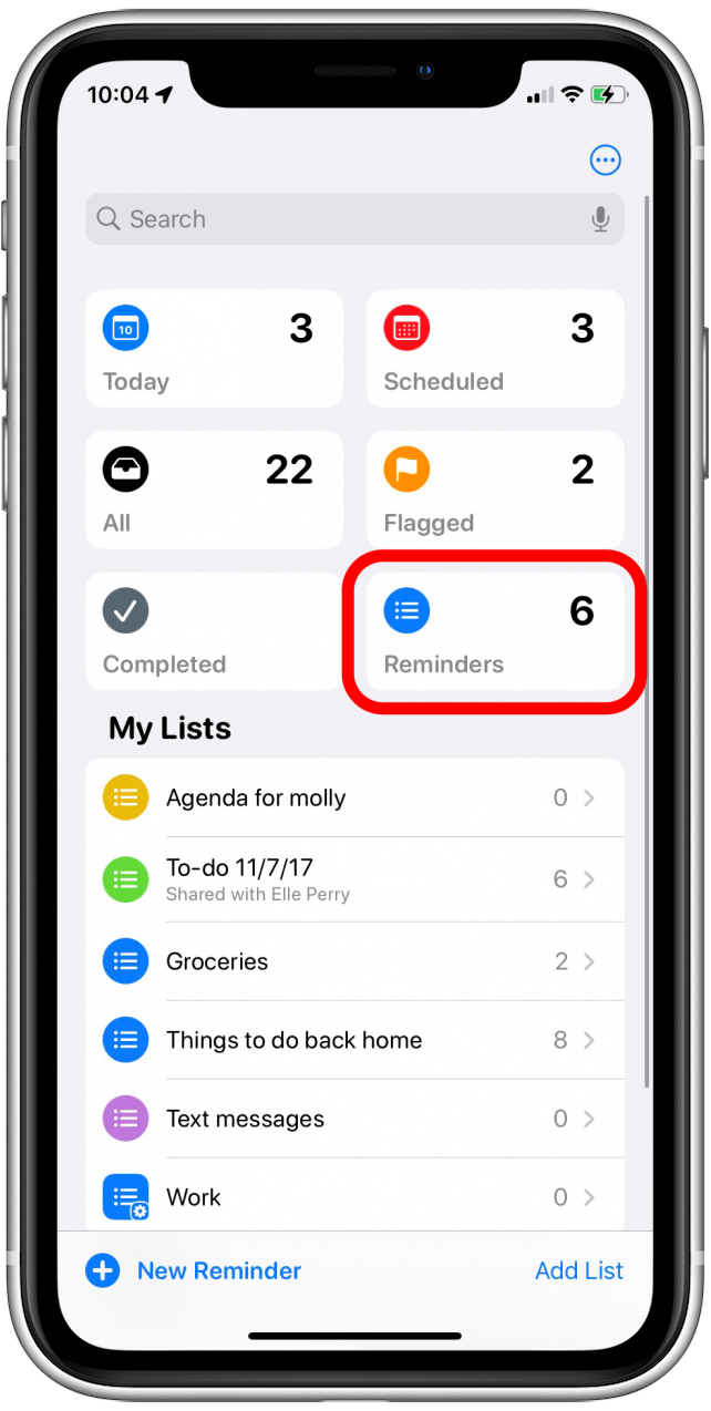 Trouvez la liste épinglée en haut de l'application Rappels.